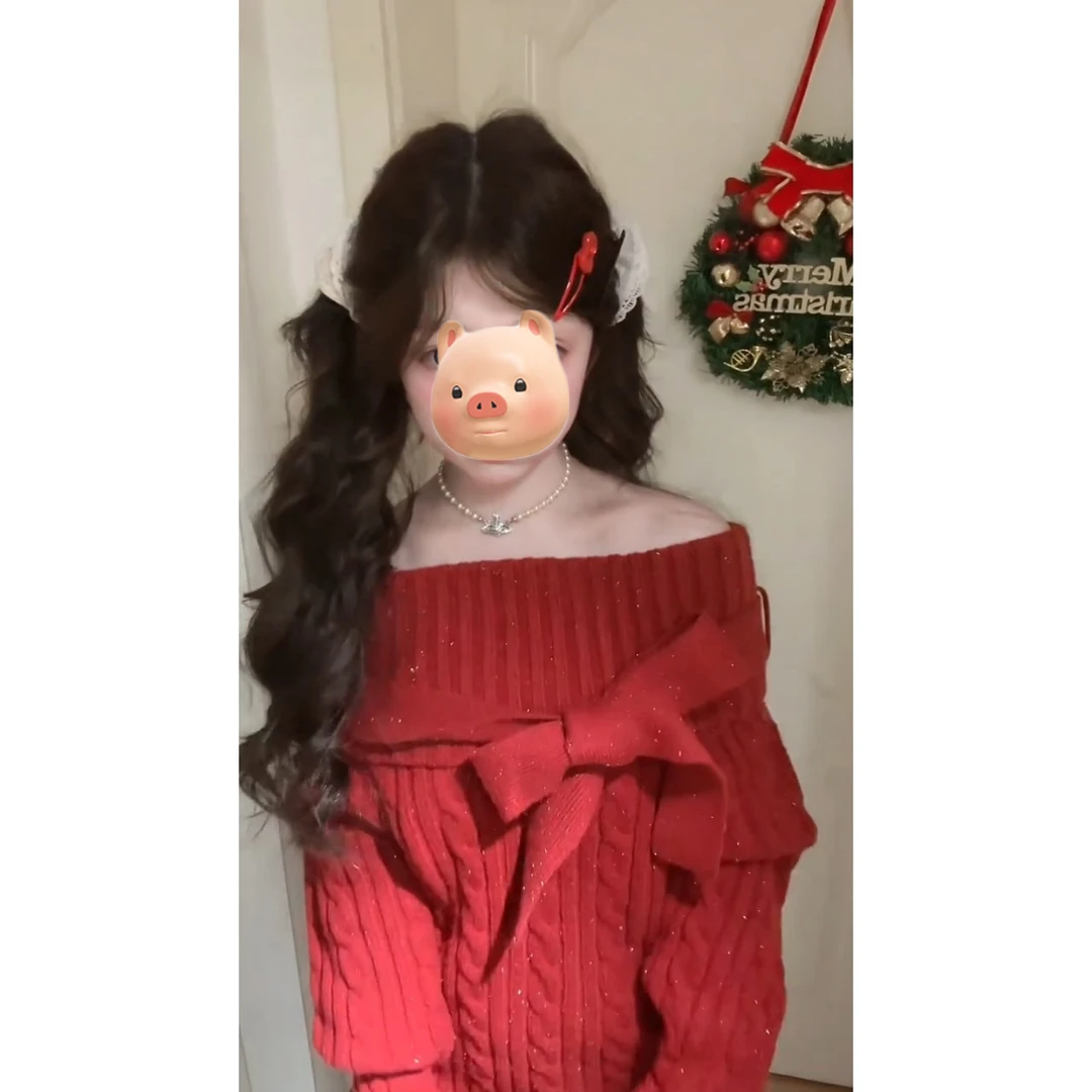 圣诞节新年过年红色一字肩蝴蝶结毛衣女秋冬季宽松露肩针织衫上衣