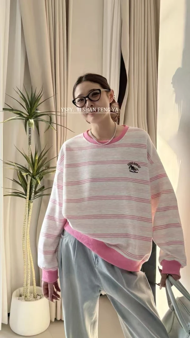 7562春款条纹睡米奇休闲百搭圆领卫衣
