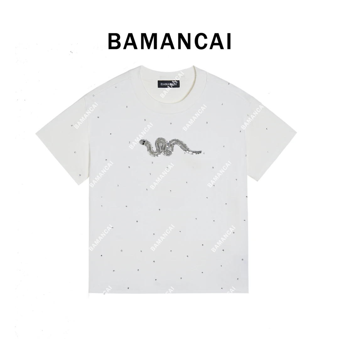 Bamancai-设计感重工镶钻钉珠蛇来运转潮奢休闲百搭套头纯棉短袖T