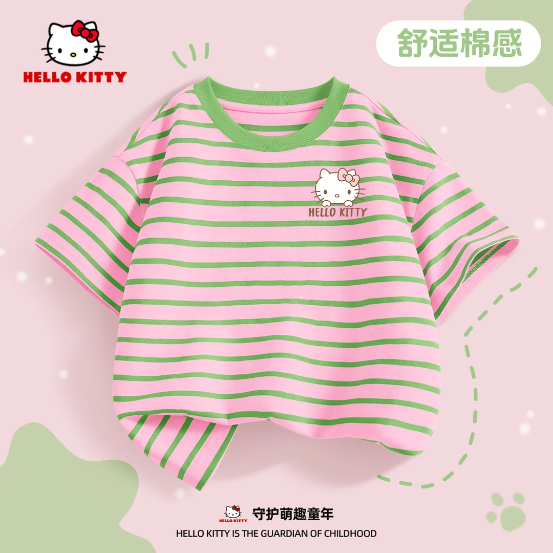 Hello Kitty女童纯棉短袖2025新款女孩夏季撞色半袖条纹打底衫潮