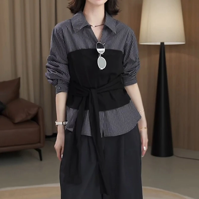 韩版设计感格子拼接假两件绑带衬衫2025早秋薄款洋气长袖收腰上衣