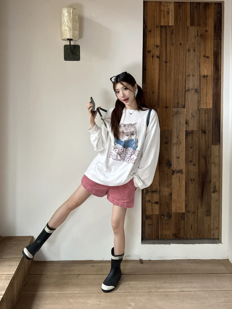 温柔瑶-Eleven秋款福利#百搭潮流猫咪印花长袖上衣#1766