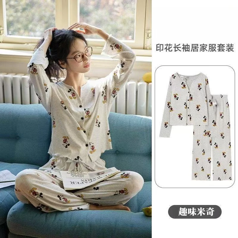 软糯亲肤米奇睡衣女冰丝螺纹款秋冬卡通长袖长裤家居服休闲套装Z