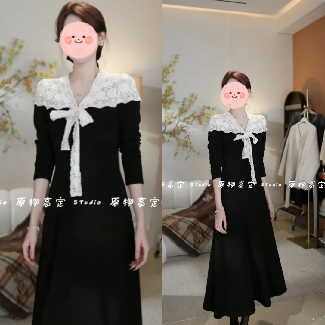 2024秋季新款法式拼接蕾丝针织系带甜美长袖修身显瘦连衣裙女