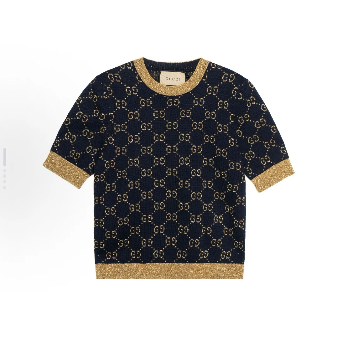 GUCCI古驰  GG棉质金银丝线短袖  常规T恤 藏青色