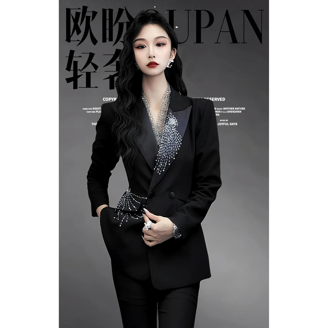 OUPAN欧盼 深圳南油原创 重工钉钻黑色收腰西装微喇裤两件套装483