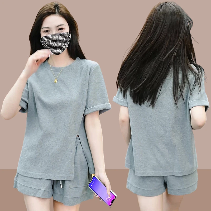 【芭雅莲】休闲运动服套装女夏新款宽松小个子时尚洋气短袖短裤两