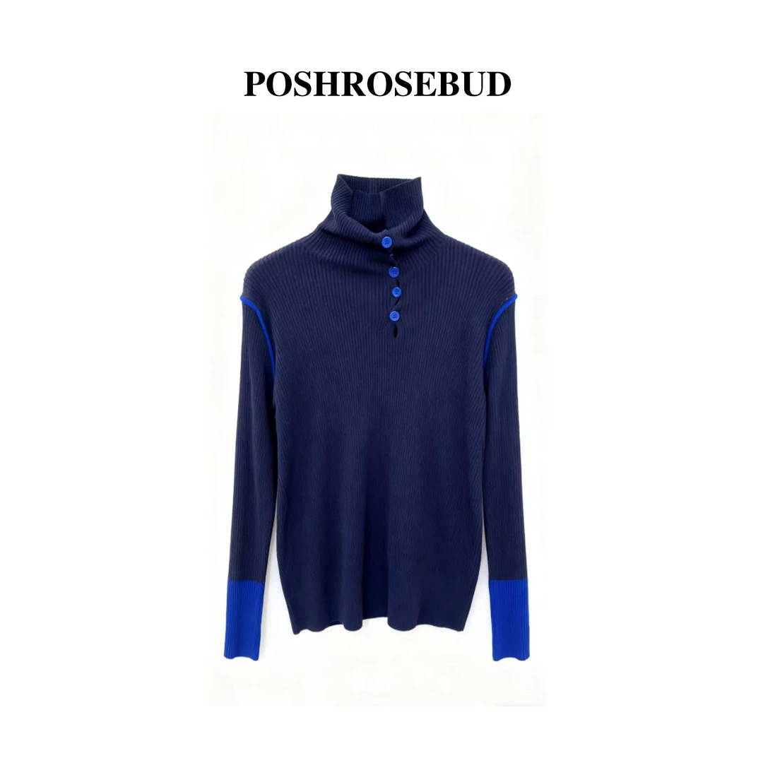 【POSHROSEBUD】设计感高领拼接撞色长袖单排扣针织毛衣Y-611
