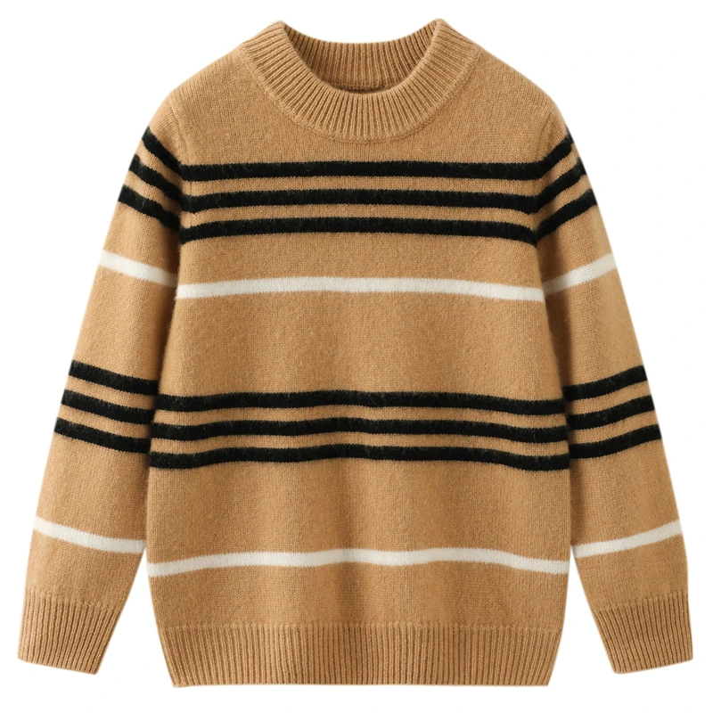 儿童山羊绒针织衫加厚半高圆领毛衣秋冬男女针织衫宽松条纹针织衫