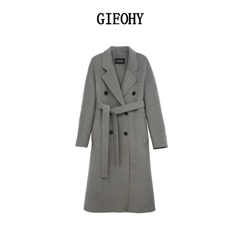 GIEOHY 双面呢灰色气质秋冬轻奢毛呢时尚中长款外套 24Q9-W002