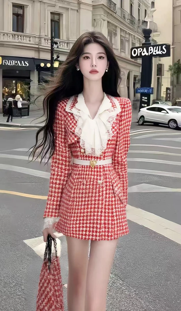 温柔千金风红色格子设计感修身长袖收腰系带连衣裙女时尚气质女装