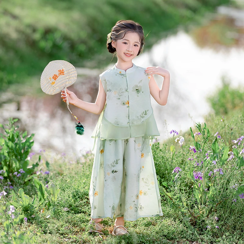 男女儿童绣花无袖上衣阔腿裤新中式国风汉服夏季薄款超好看两件套