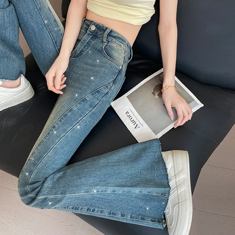 满天星烫钻微喇牛仔裤女2025年新款百搭高腰显瘦马蹄喇叭裤毛边