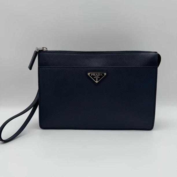 99新 Prada/普拉达 蓝黑色十字纹手拿包/2848