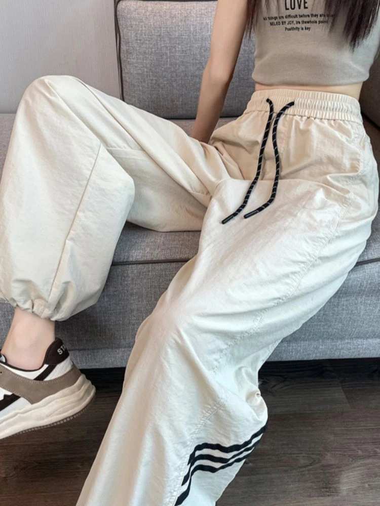 美式冰丝速干工装裤女2025阔腿直筒束脚两穿高腰登山运动长裤夏季