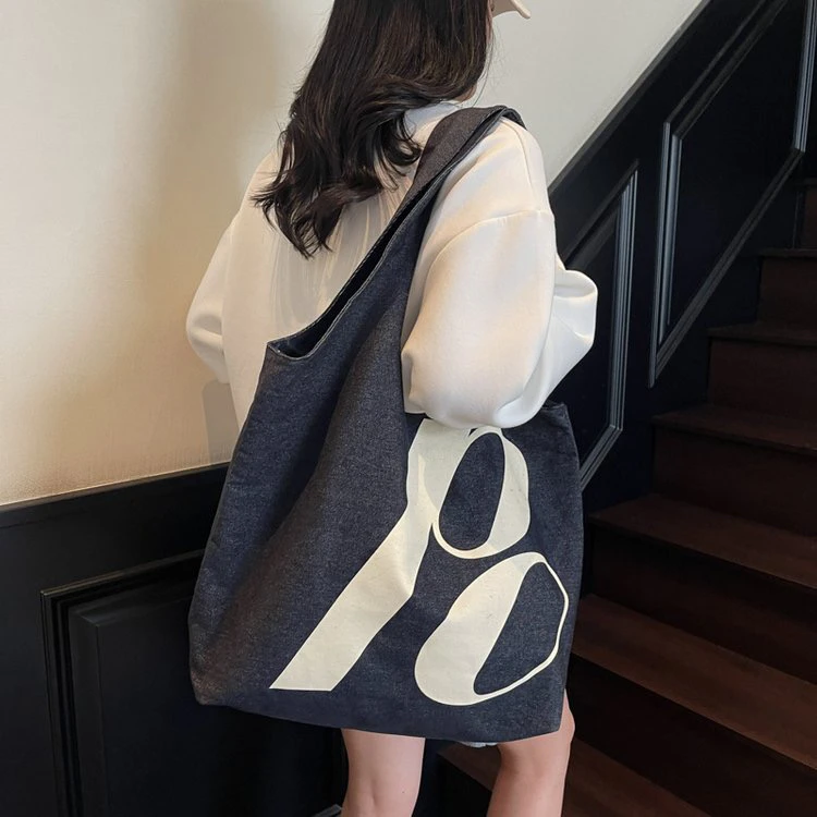 韩系ins牛仔背心袋双面印花图案单肩包大号字母托特手提女袋2043