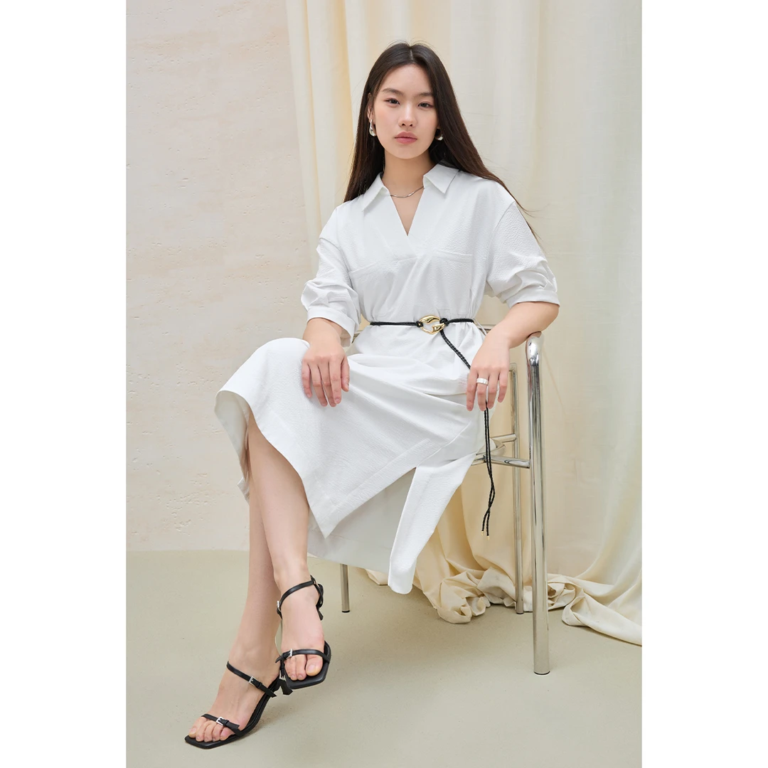 独束大码女装極简V翻领堆褶袖连衣裙气质通勤职场穿搭25DS82356