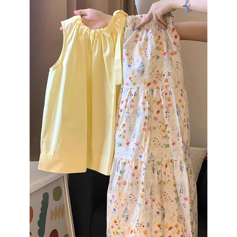 2025夏季新款气质无袖上衣拼接碎花半身裙套装女休闲显瘦两件套潮