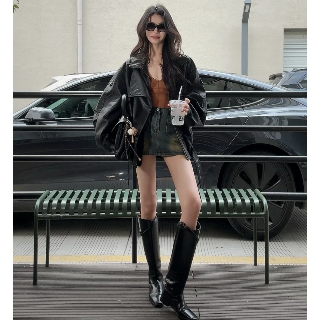 高端肌理感阔版双领机车皮衣女春秋时尚宽松显瘦