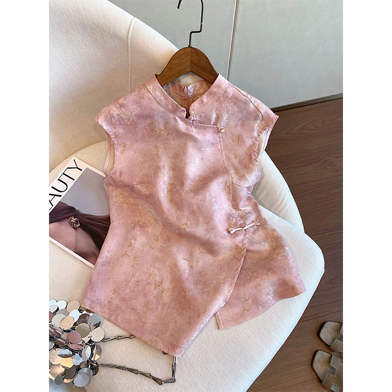 新中式国风粉色提花立领无袖衬衫女2025夏季新款甜美减龄收腰上衣