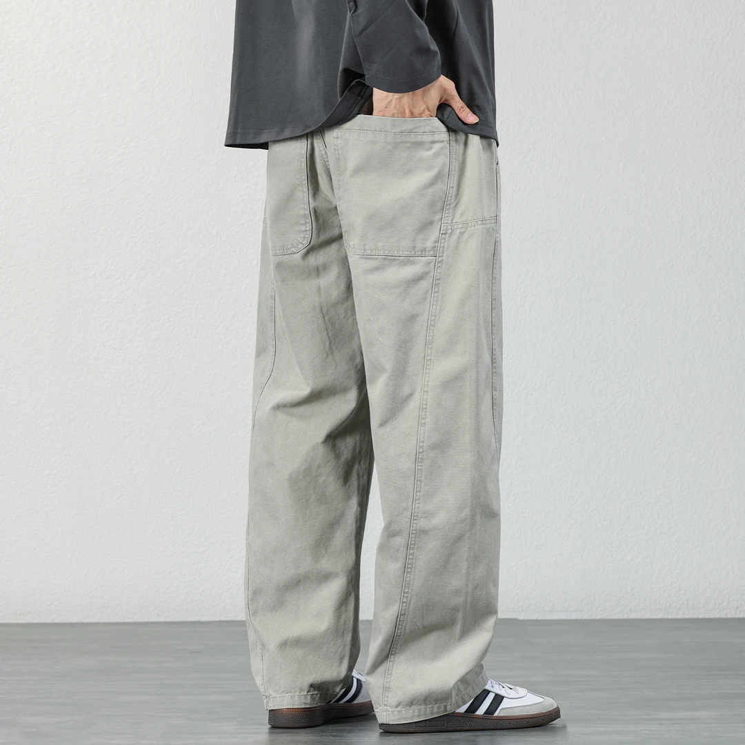 日系纯棉弯刀裤男士秋冬新款宽松百搭简约纯色直筒阔腿抽绳长裤子