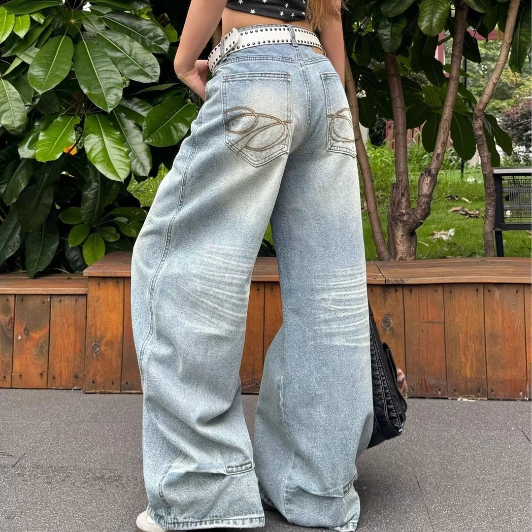 【运险】牛仔长裤女美式直筒复古刺绣高腰宽松学生显瘦阔腿拖地裤子