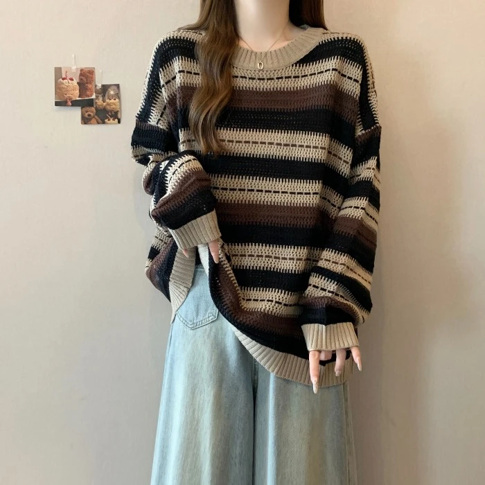撞色条纹慵懒风毛衣女秋冬大码胖mm韩版宽松遮肚显瘦遮肉针织上衣