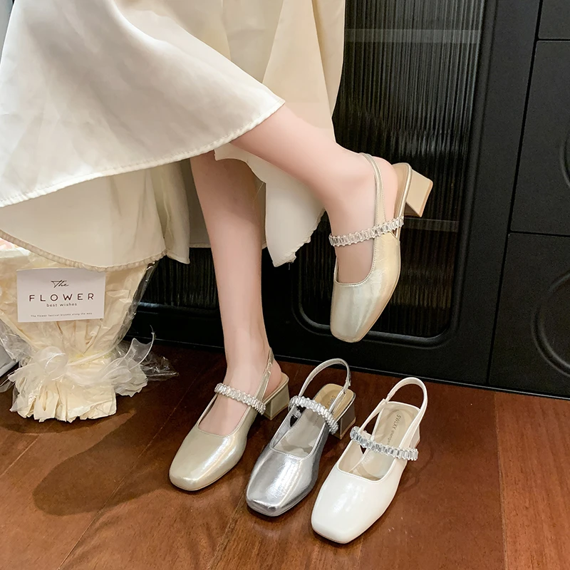 【谢亚平专属】法式方头玛丽珍夏季新款水钻一字带粗跟30-73