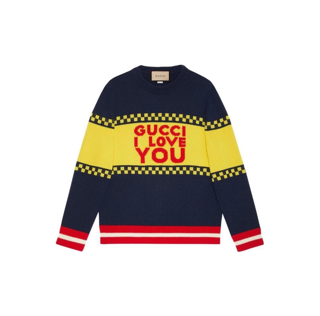 未使用 GUCCI/古驰 蓝黄拼色红边圆领针织衫  毛衣 套头