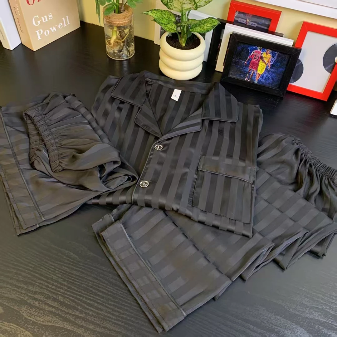 【黑色条纹】情侣款台州缎面丝纯色经典休闲百搭睡衣家居服套装