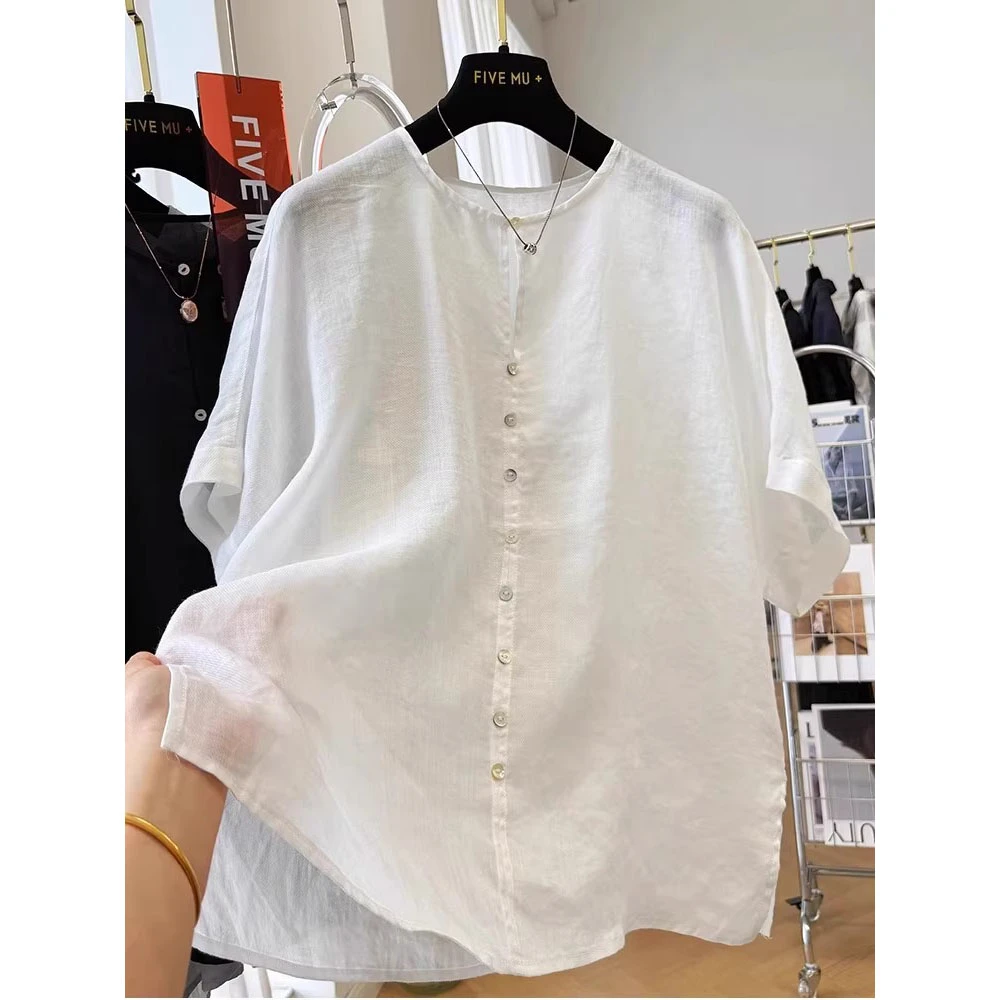 胖妹妹240斤大码高端苎麻漂亮短袖小衫女夏季宽松设计感法式衬衫