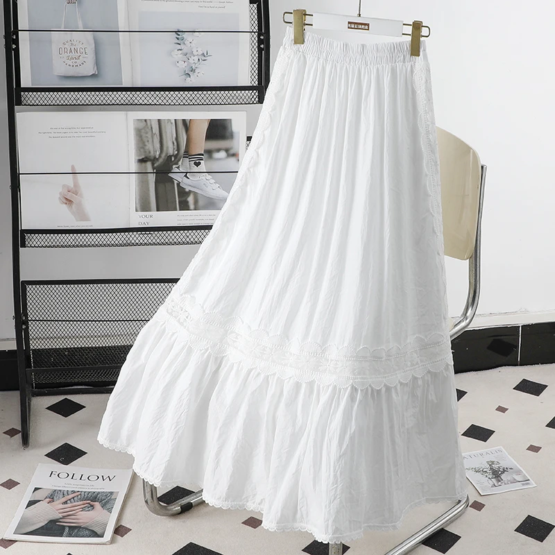白色花边蕾丝半身裙女春夏新款气质拼接蛋糕裙高腰显瘦镂空中长裙