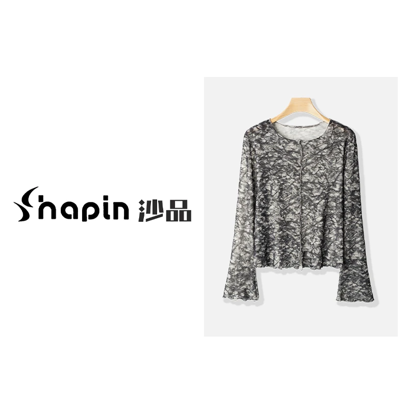 法式时髦圆领花边下摆开叉碎花扎染2024秋冬长袖上衣女TTSY7750