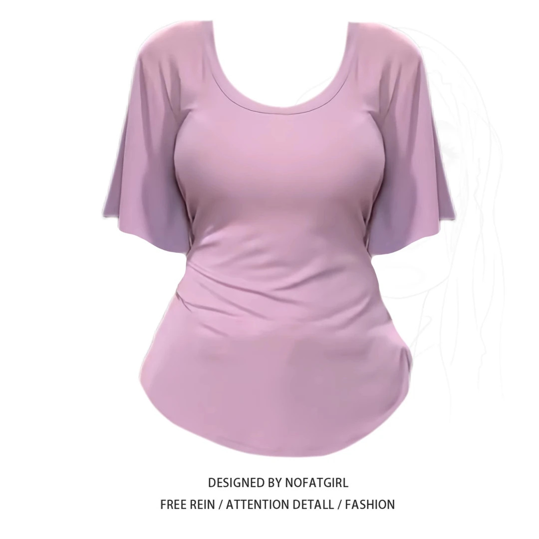 大码胖MM美式纯欲辣妹一字领五分袖T恤别致不规则纯色收腰上衣女