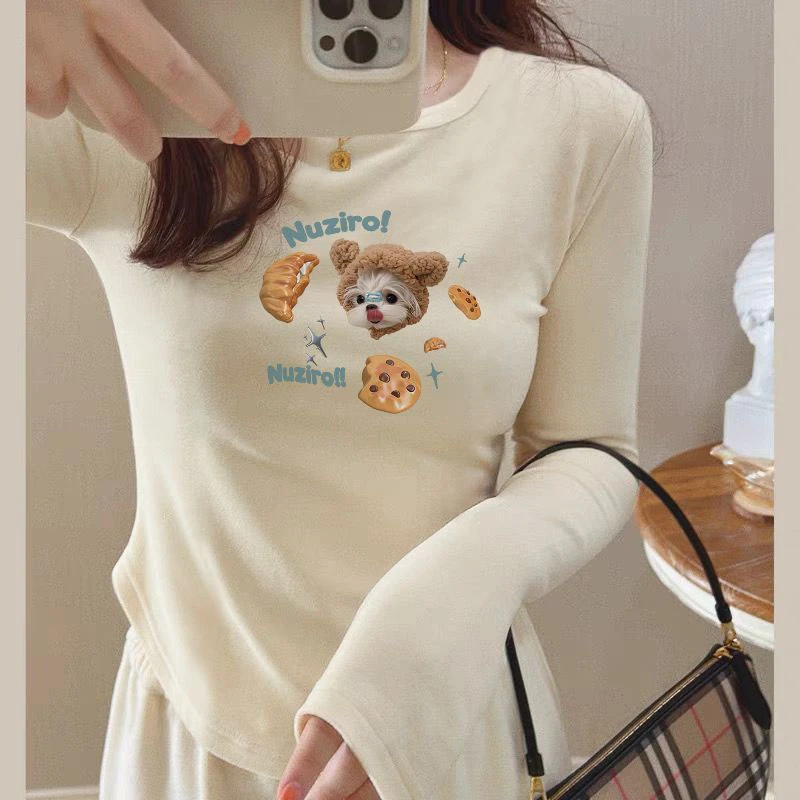 奶fufu杏色德绒长袖T恤女秋冬季创意小狗印花修身显瘦打底衫上衣