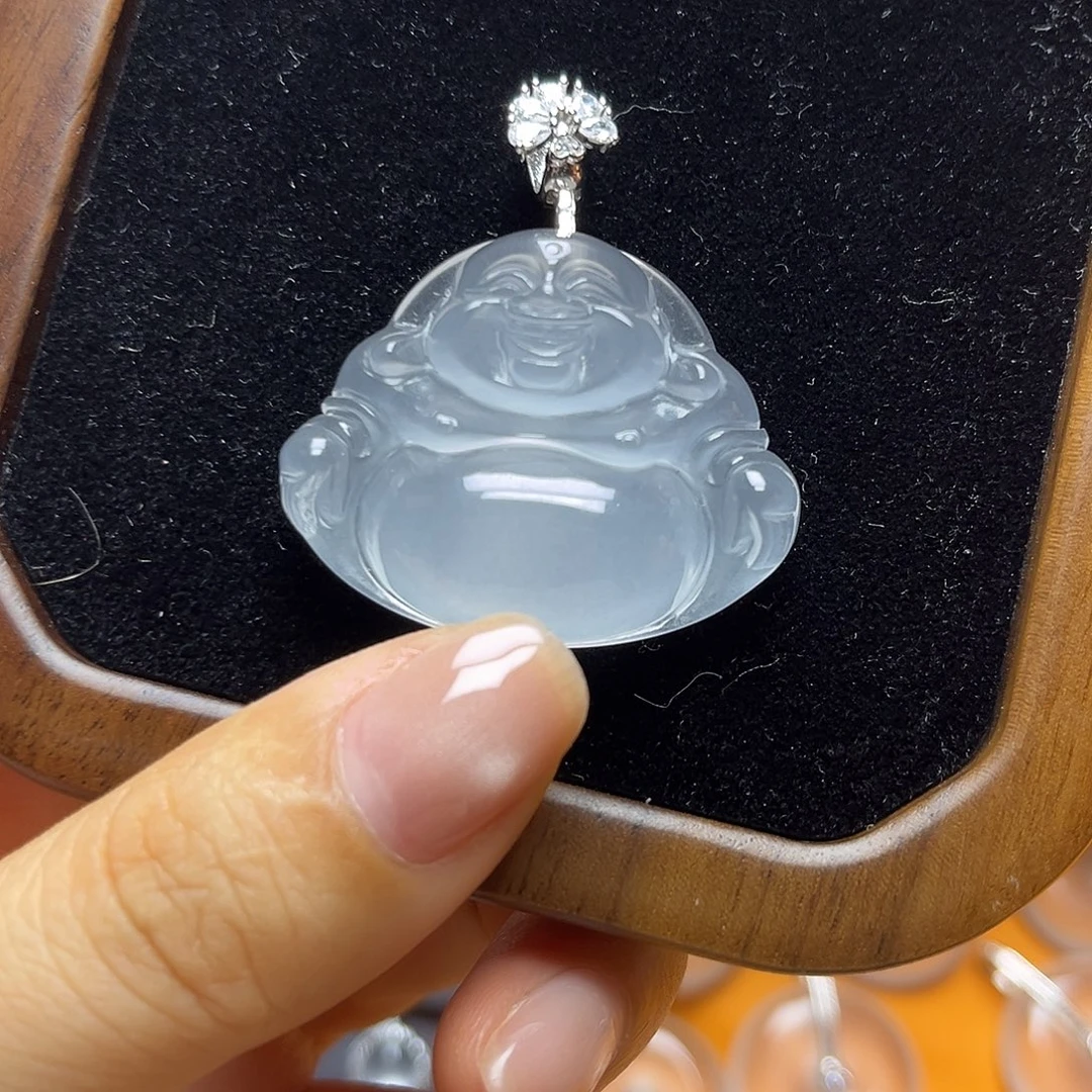 来***缘石英质玉银S925镶嵌颈饰天然玉石佛公吊坠