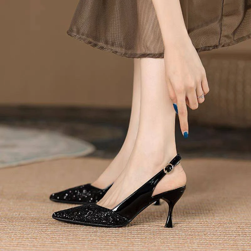 大码女鞋41-43宽胖脚鞋子春秋新款高跟鞋女细跟凉鞋尖头包头半拖