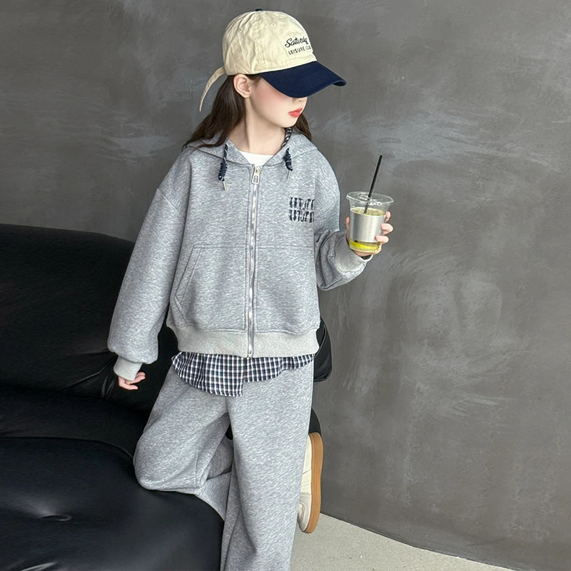 女童秋季卫衣套装2025新款儿童连帽开衫外套洋气女大童两件套春秋