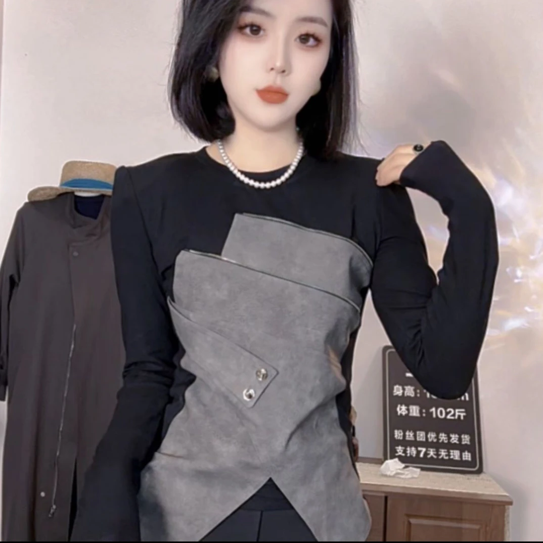 小蛮腰拼接显瘦打底衫秋冬新款女洋气百搭长袖圆领T恤