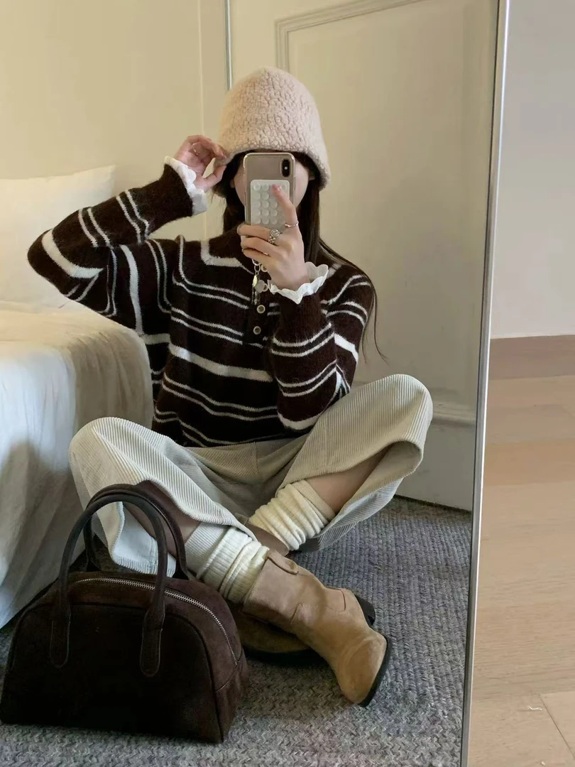 【大码】1470韩系条纹撞色毛衣女2025秋冬新款宽松慵懒风