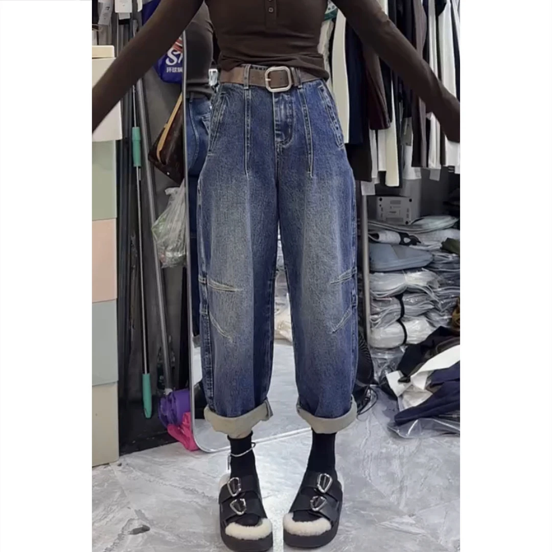 艾塔莉秋季哈伦裤牛仔裤宽松小个子卷边九分裤高腰显瘦修身大码女