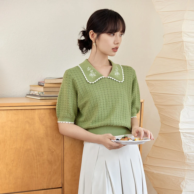 茵曼春秋女毛针织衫上衣毛衣新款短袖宽松套头精致镂空时尚休闲