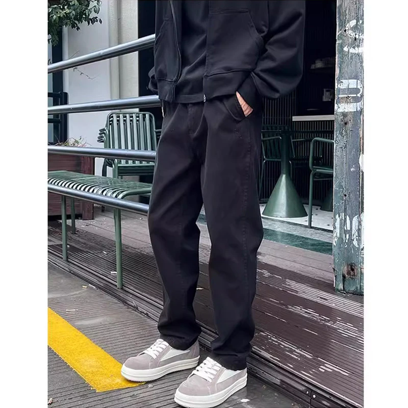 黑色加绒加厚磨毛设计休闲裤裤子男生男士秋冬季百搭合体直筒长裤