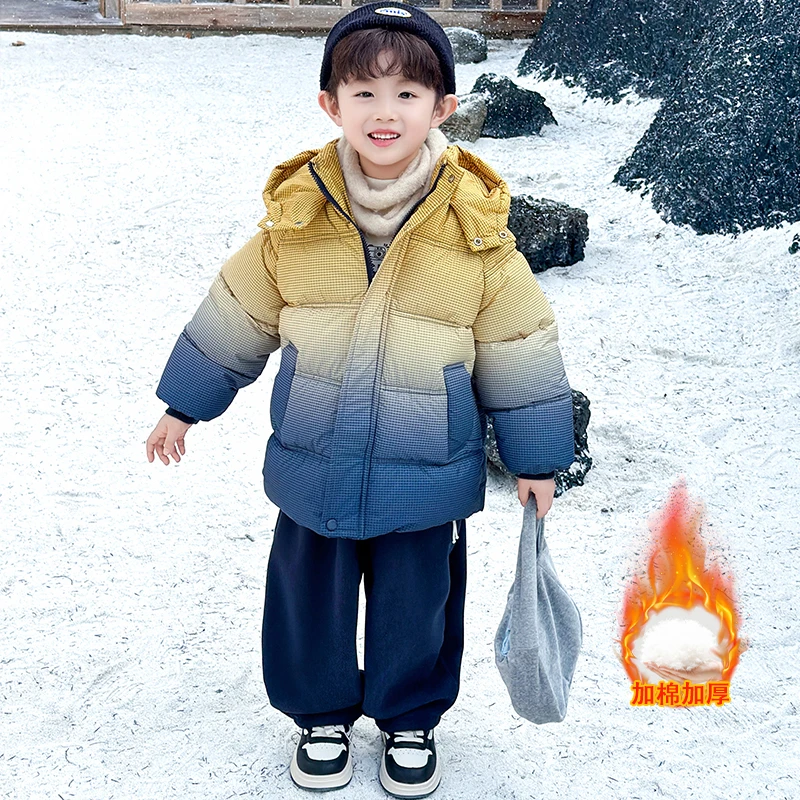 男童冬季夹棉渐变色棉衣外套宝宝中长款连帽韩版加厚棉袄韩版洋气