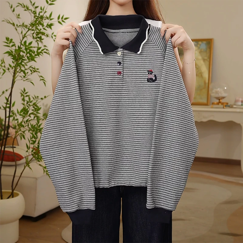 女童卫衣春秋款2025新款翻领条纹时髦百搭儿童秋装上衣Q63183