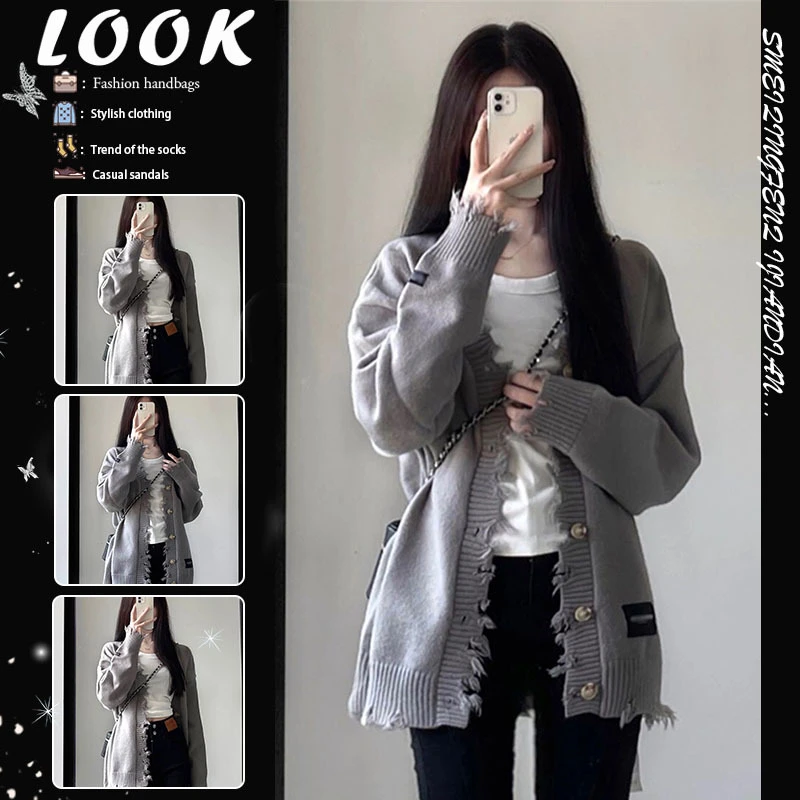秋冬新款女装灰色宽松外套韩系穿搭慵懒风2025秋冬小个子女士毛衣