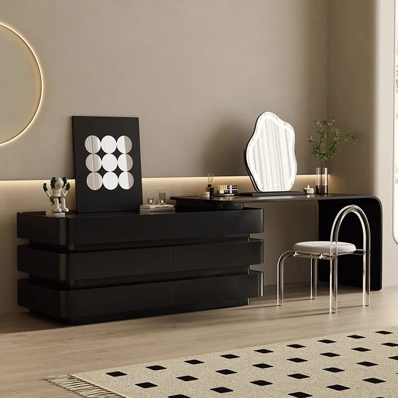 黑色梳妆台斗柜一体意式化妆桌复古风卧室床尾高级实木轻奢烤漆