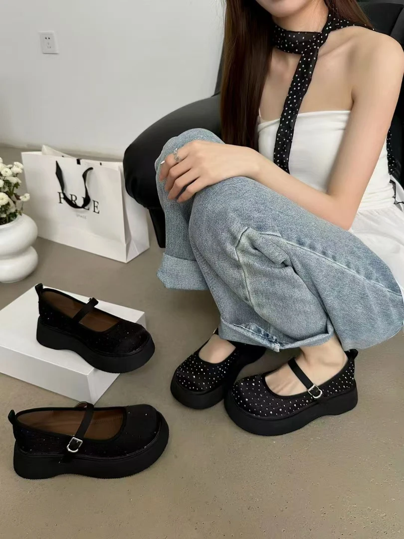 【星仔】水钻玛丽珍鞋圆头平底夏季春夏厚底浅口乐福鞋时尚2950-8