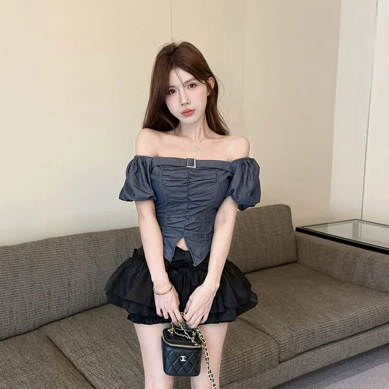 夏季新款韩版气质设计感显瘦方领褶皱短款衬衫高腰蓬蓬蛋糕裙套装