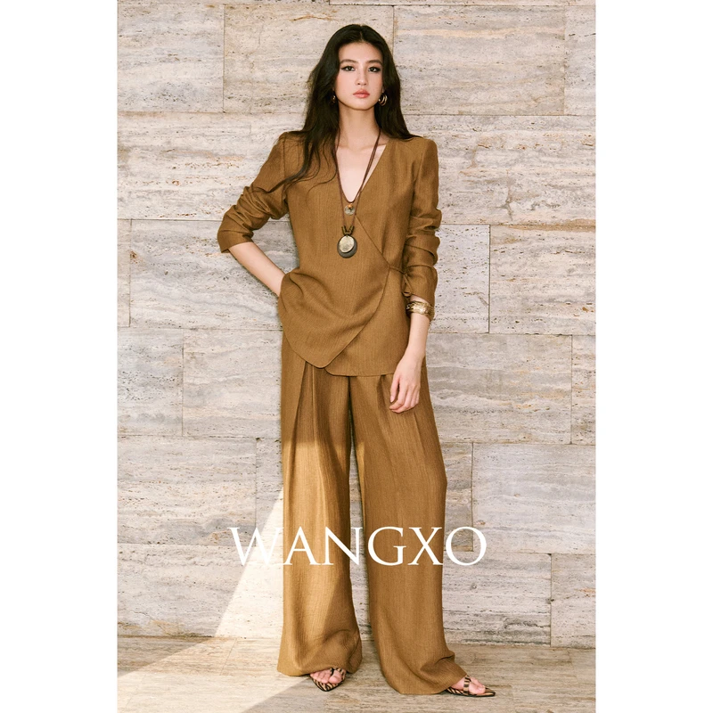 WANGXO 抽条缎交叉汉服式绑带上衣套装250851W